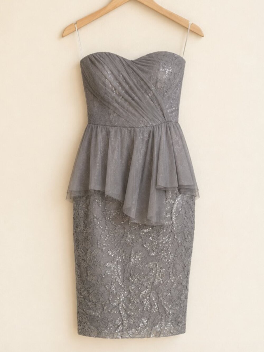 Badgley Mischka Strapless Lace Peplum Dress